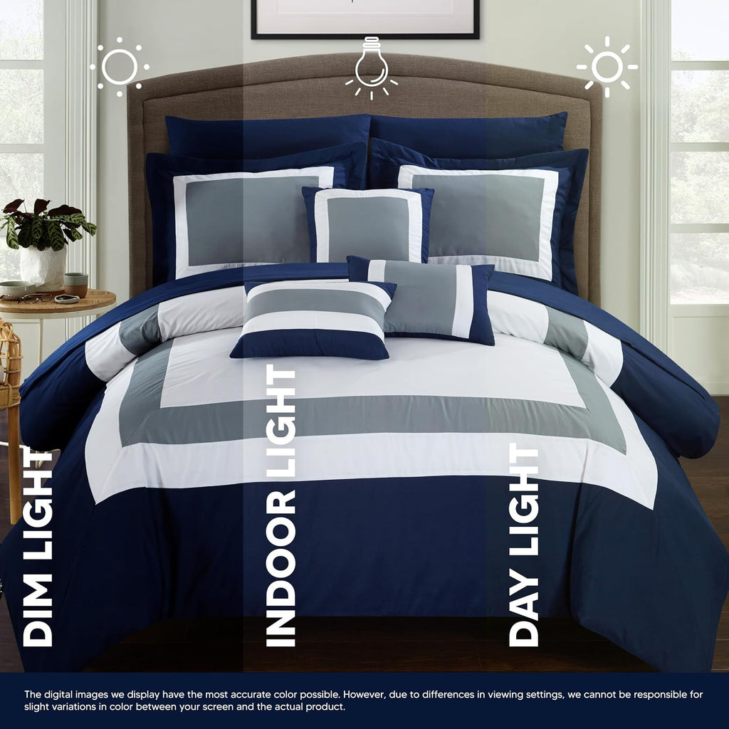 Chic Home Duke Queen Comforter Set 10-Piece, Colorblocked Queen Size Comforter Set with 2 Shams, 3 Pillows and Bedding Set Queen (Navy)