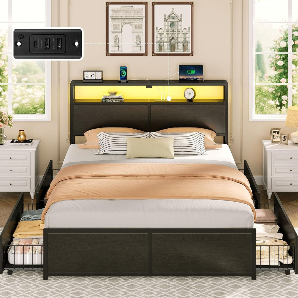 Rolanstar Full Size Bed Frame with 4 Storage Drawers & 2-Tier Storage Headboard, Metal Platform Bed Frame with Charging Station & LED Lights, Noise-Free, No Box Spring Needed, Easy Assembly, Black Oak
