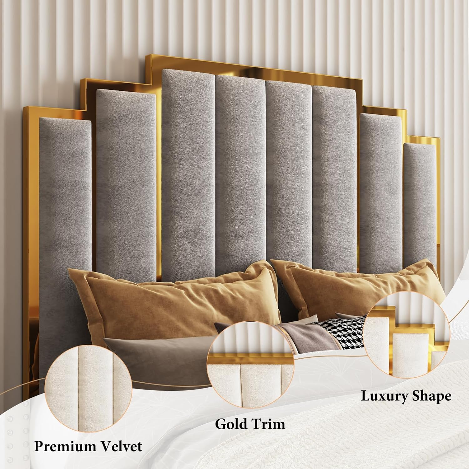 AMERLIFE Queen Size Upholstered Bed, Modern Velvet Bed Frame with 61.4' Tall Gold Trim Headboard, No Box Spring Needed, Grey
