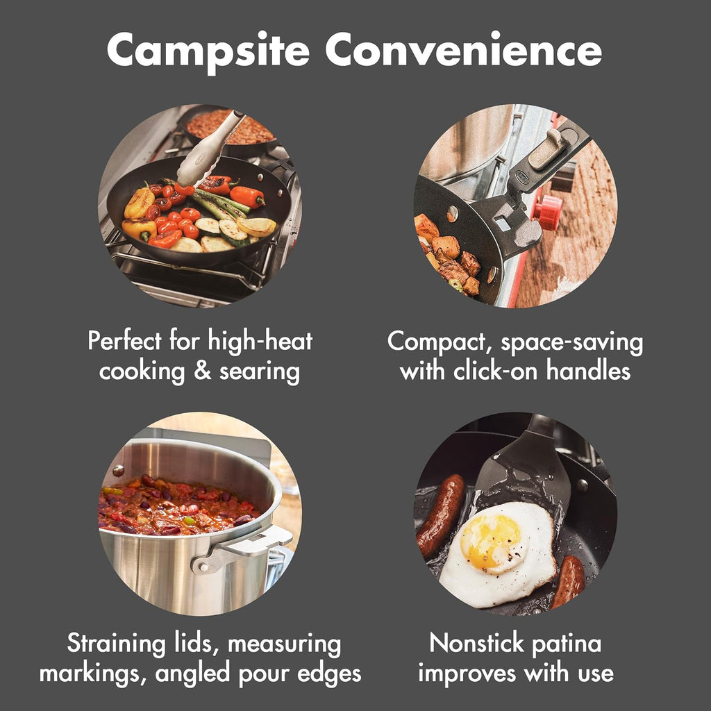 OXO Outdoor 8 Piece Camping Cookware Set, 10' Pre-Seasoned Carbon Steel Frying Pan Skillet, 2.25QT and 5QT Stainless Steel Saucepans with Lids, Removeable Handle, Trivet, Travel Bag, Space-Saving