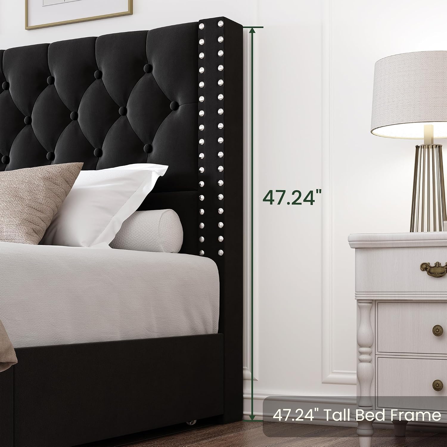 LARMACE King Size Bed Frame with 4 Storage Drawers and Tufted Headboard Velvet Upholstered Platform Bed Frame with Heavy Duty Wood Slats, No Box Spring Needed, Easy Assembly,Black