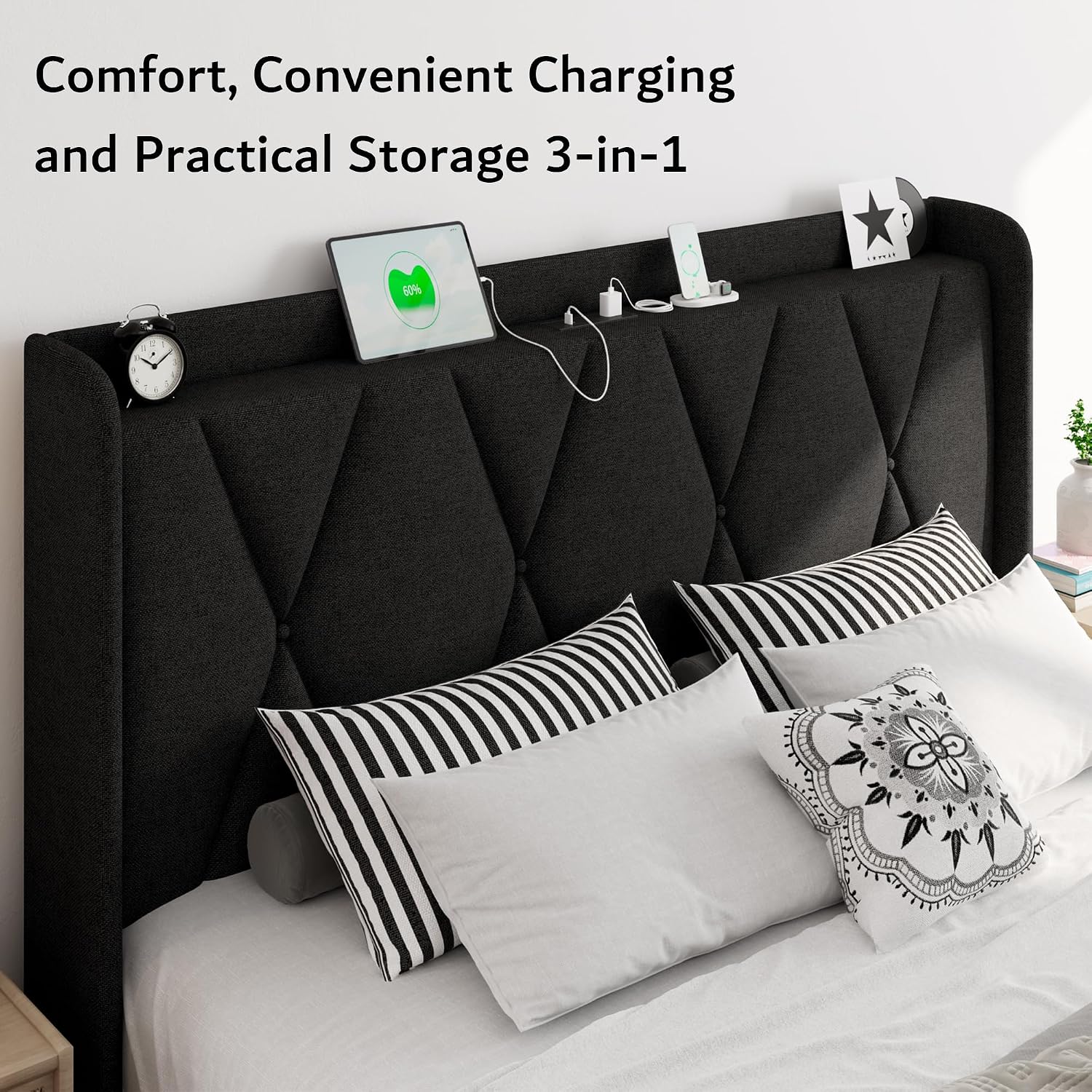 iPormis Queen Bed Frame with 4 Storage Drawers, Upholstered Platform Bed Frame with Charging Station, Modern Wingback Storage Headboard, Easy Assembly, Black