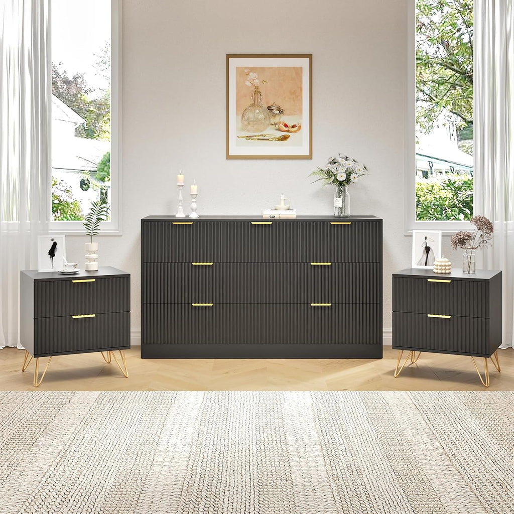 7 Drawer Dresser and Nightstand Sets, 3 Pcs Bedroom Set for Bedroom, Fluted Night Stand Set of 2 & 55' Wide Dresser w/Gold Handles, Modern Wood Chest of Drawers Storage Cabinet Set, Black