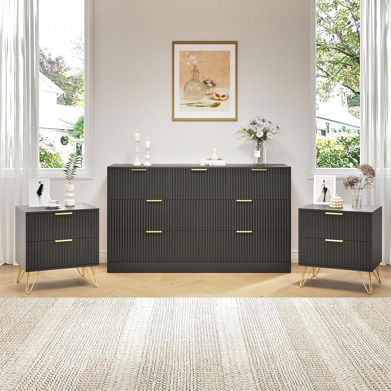 7 Drawer Dresser and Nightstand Sets, 3 Pcs Bedroom Set for Bedroom, Fluted Night Stand Set of 2 & 55' Wide Dresser w/Gold Handles, Modern Wood Chest of Drawers Storage Cabinet Set, Black