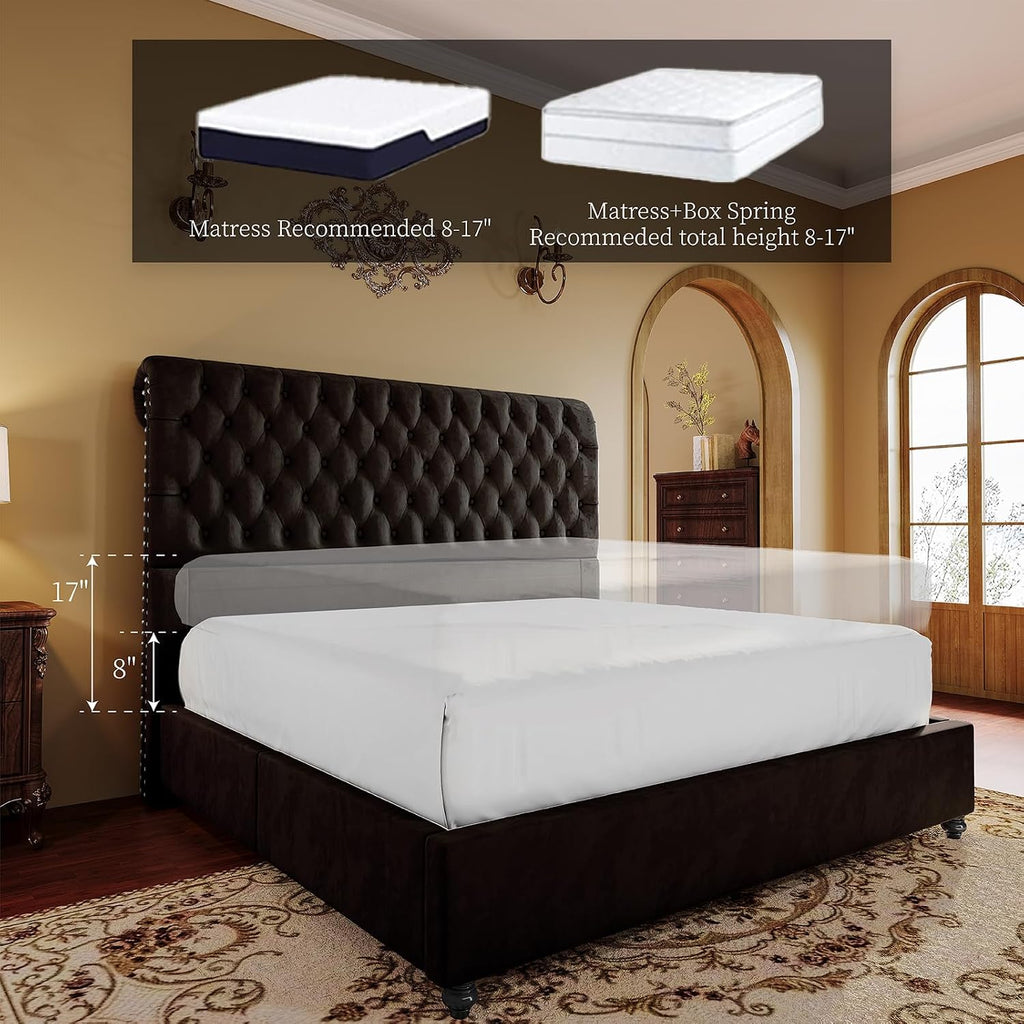 PaPaJet King Bed Frame Upholstered Platform Bed Frame with 53'' Tall Sleigh Headboard, Button Tufted, No Box Spring Needed, Easy Assembly, Black