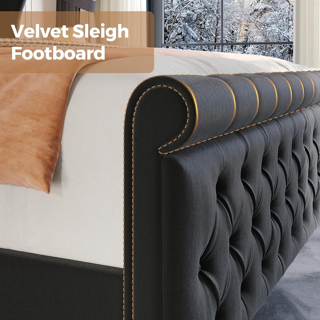 koorlian King Size Bed Frame,Velvet Upholstered Sleigh Bed with Scroll Wingback Headboard & Footboard,Luxury & Soft Button Tufted Modern Bed,Easy Assembly,No Box Spring Needed
