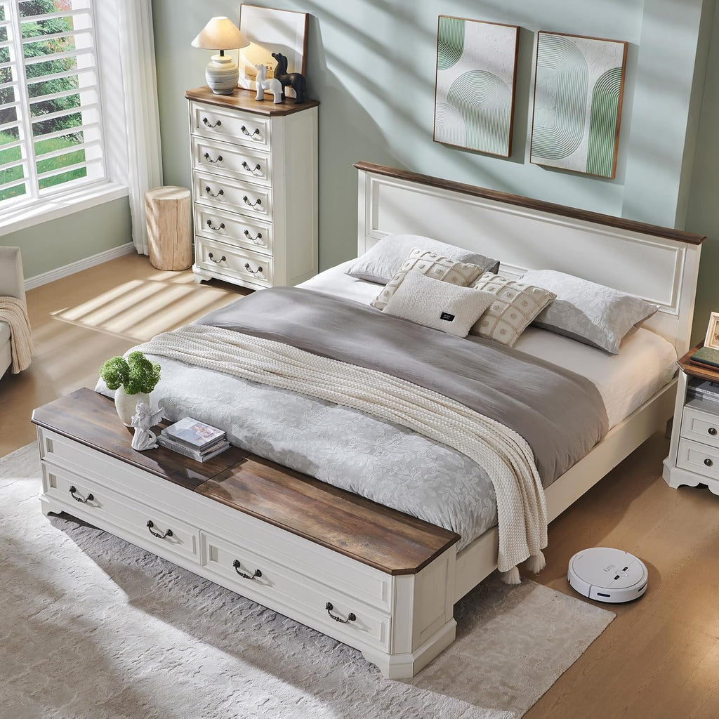 T4TREAM Farmhouse King Bed with Headboard and Storage Bench, Rustic Wood Platform Bed with 80' Storage Chest w/ 4 Large Drawer (Antique White)