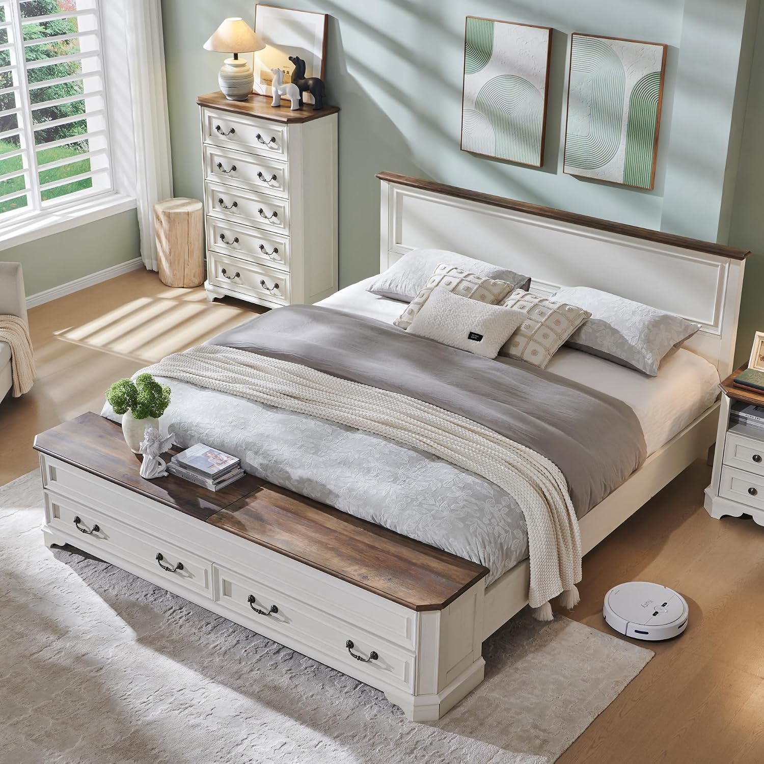 T4TREAM Farmhouse King Bed with Headboard and Storage Bench, Rustic Wood Platform Bed with 80' Storage Chest w/ 4 Large Drawer (Antique White)