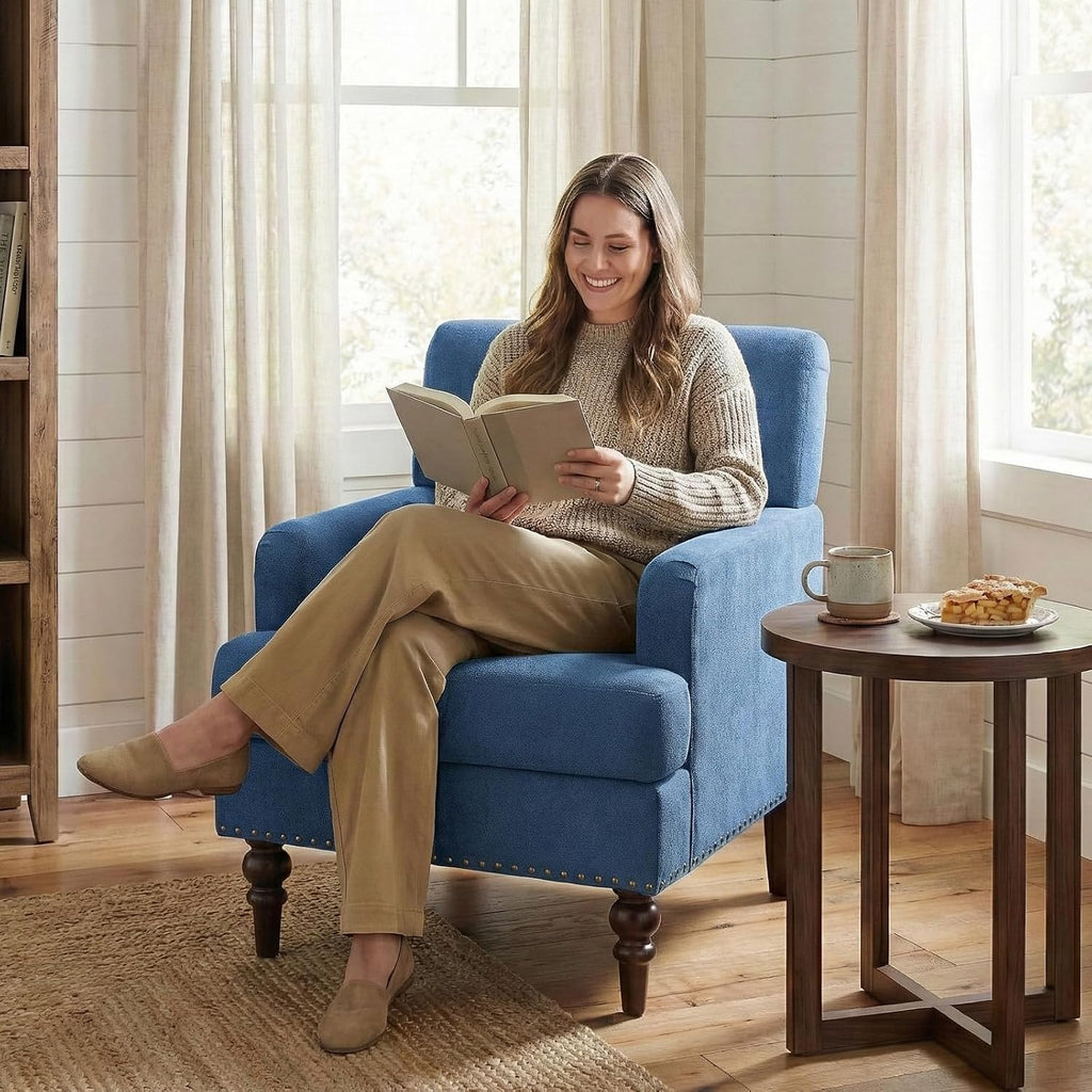 MALOL Upholstered Accent Chair with Thick Cushion, High Back Reading Chair, Linen Blend Armchair with Solid Rubberwood Legs for Living Room, Bedroom, Reading, Apartment & Small Spaces,Blue,Set of 2