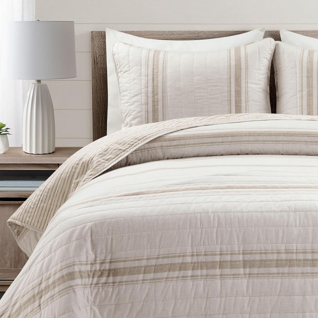 Lush Decor Farmhouse Stripe Reversible Cotton Quilt Queen Size 3 Piece Set Full/Queen Neutral - Farmhouse Bedding Set Queen Quilt - Striped Bedding