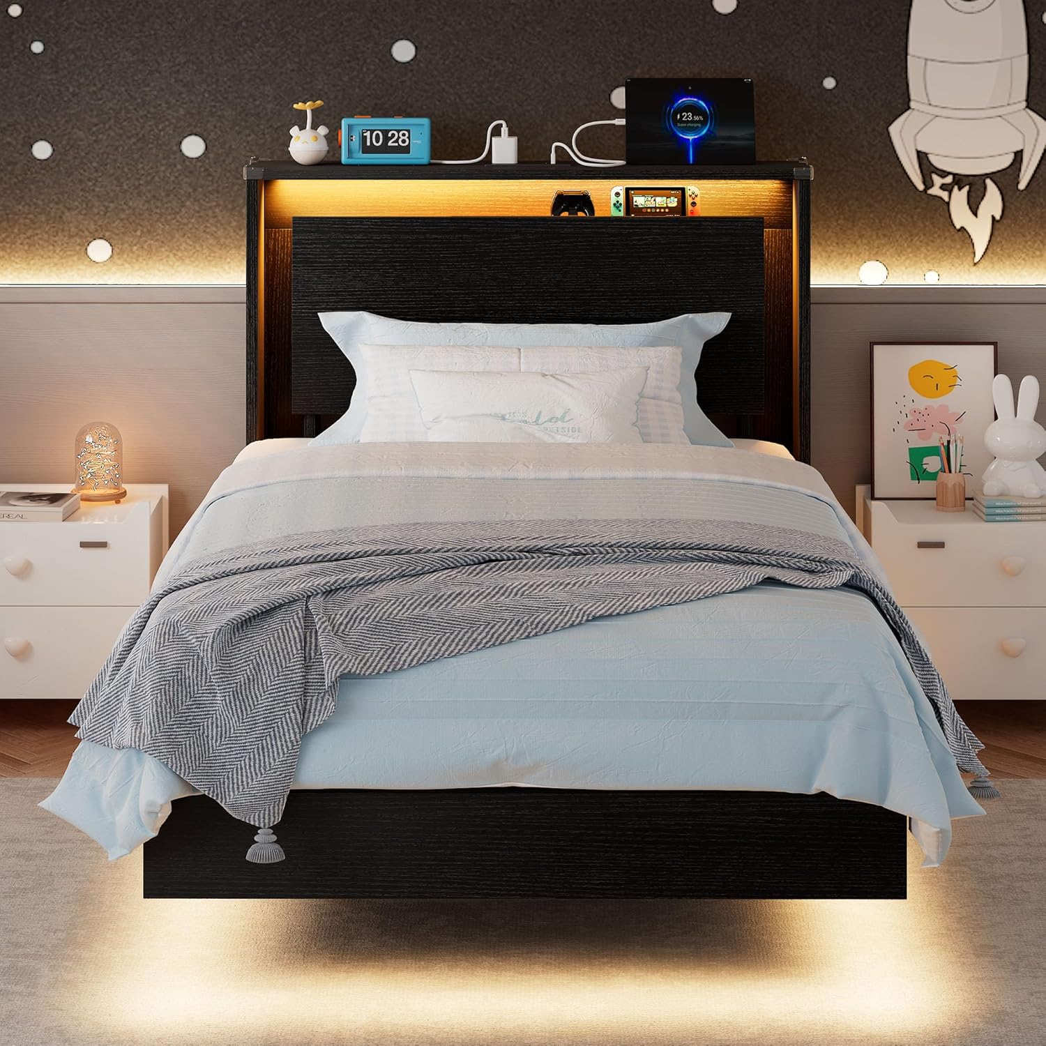 Einhomn Twin Bed Frames with LED Lights and Charging Station - Wood Floating Bed Frame with Storage Headboard, Adhesive Slats, Kick-Free & Noise-Free Design, Easy Assembly, Black