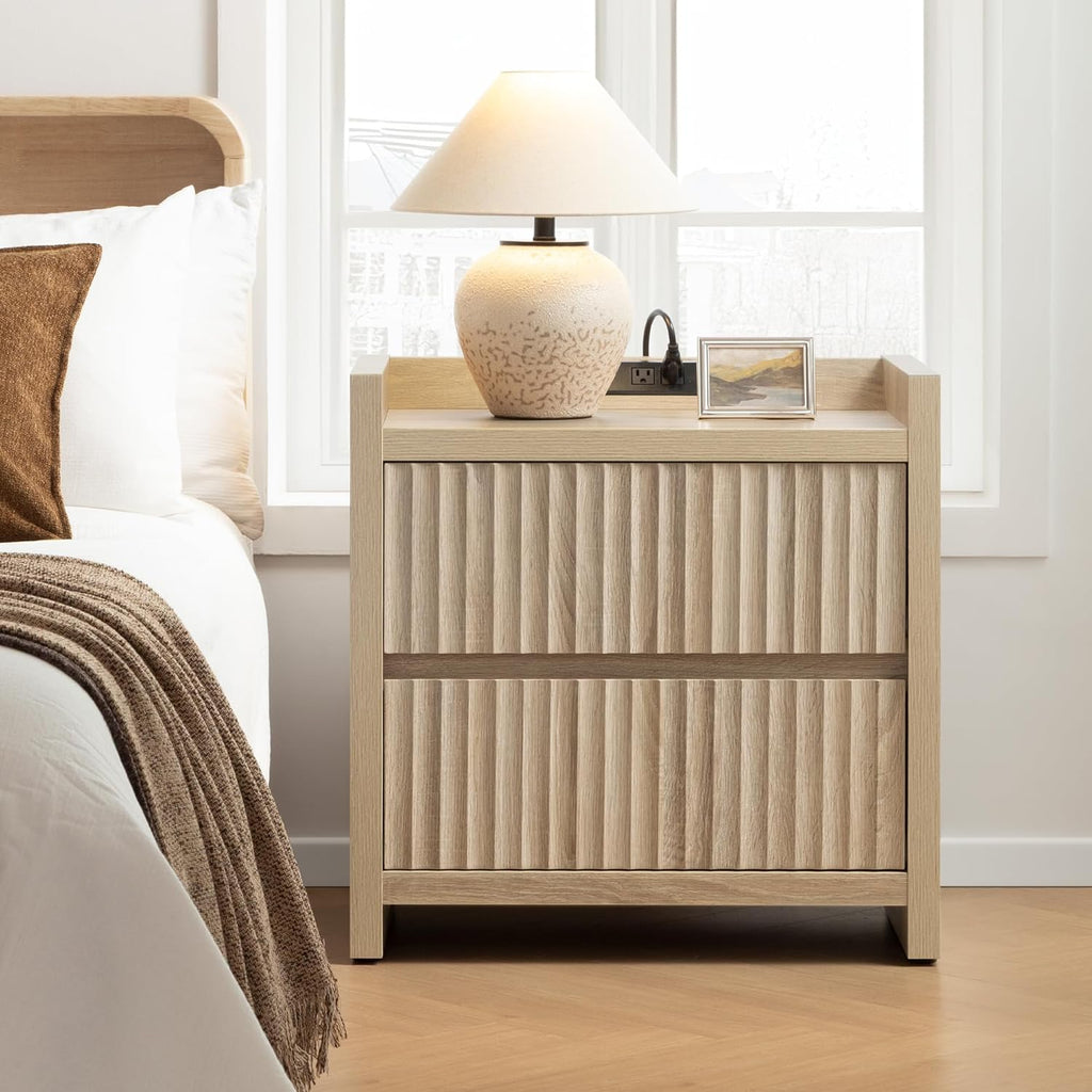 SICOTAS Night Stands Set of 2-Fluted Nightstands with Charging Station- Large Nightstand Bedside Table End Table with 2 Drawers, 25' Tall Mid Century Modern Night Stand for Bedroom, Sofa Side