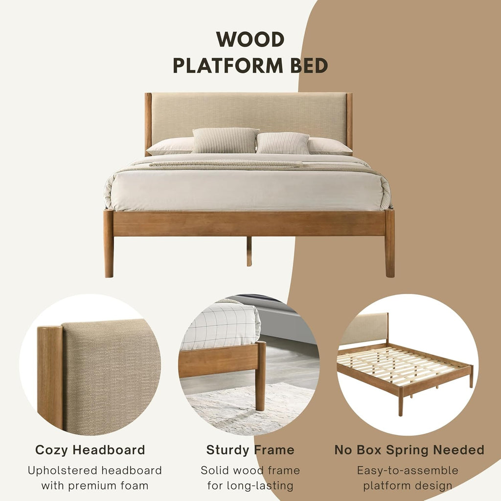 Roundhill Furniture Vichy 3-Piece Rubberwood Bedroom Set, Platform Bed with Two Nightstands, King, Textured Polyester