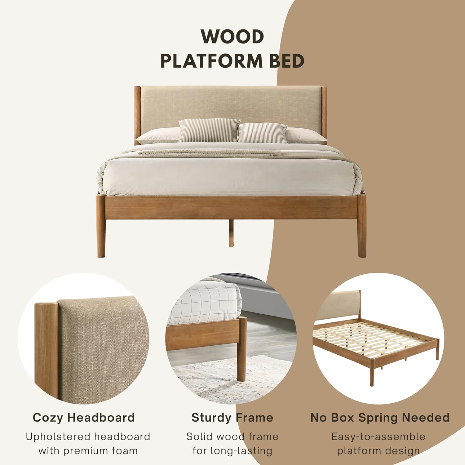 Roundhill Furniture Vichy 6-Piece Rubberwood Bedroom Set with Textured Polyester Upholstered King Bed, Dresser, Mirror, 2 Nightstands, and Chest