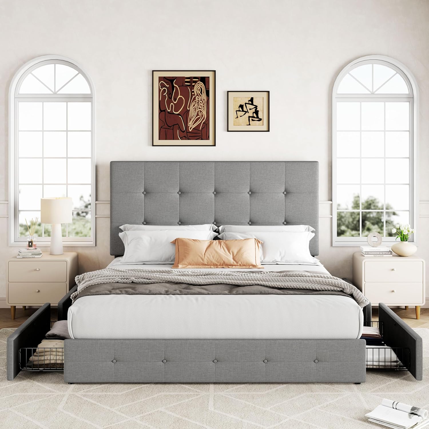 Allewie Upholstered Full Size Platform Bed Frame with 4 Storage Drawers and Headboard, Square Stitched Button Tufted, Mattress Foundation with Wooden Slats Support, No Box Spring Needed, Light Grey