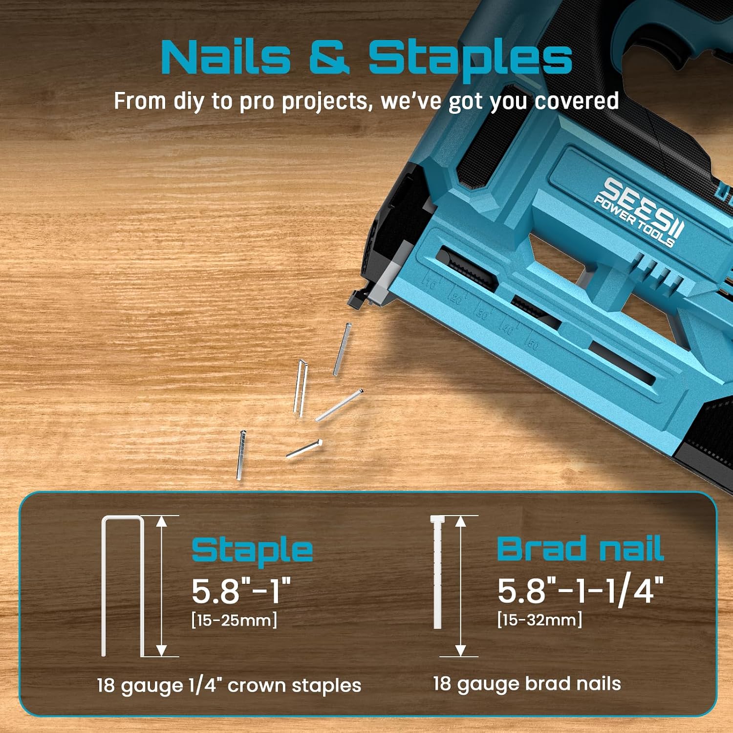 SEESII Cordless Brad Nailer, 18 Gauge 2 in 1 Electric Stapler/Nail Gun, 2.0Ah Battery, 1000pcs Nails and Staples, Adjustable Depth for Upholstery, Woodworking