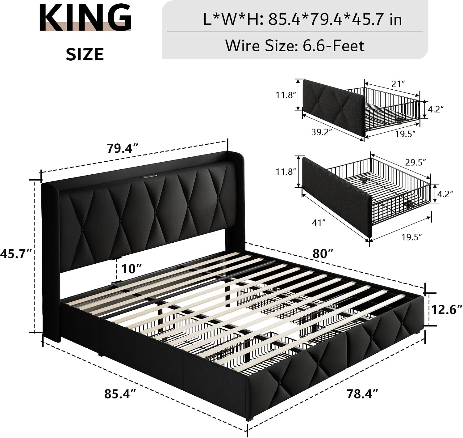 iPormis King Size Bed Frame with 4 Storage Drawers, Upholstered Platform Bed Frame with Charging Station, Modern Wingback Storage Headboard, Easy Assembly, Black