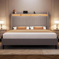 King Bed Frame with 55.3' Tall Headboard, Corduroy Upholstered Platform Bed with LED Lights & Charging Station, Wingback Storage Headboard, Solid Wood Slats,Noise Free,No Box Spring Needed,Gray Brown