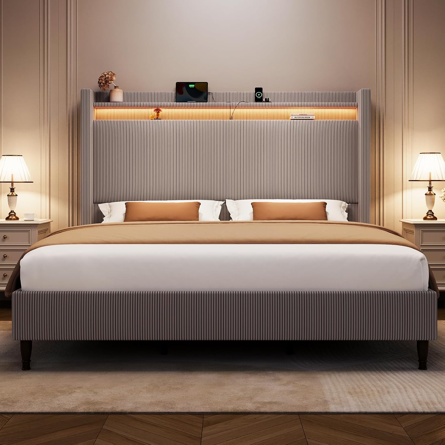King Bed Frame with 55.3' Tall Headboard, Corduroy Upholstered Platform Bed with LED Lights & Charging Station, Wingback Storage Headboard, Solid Wood Slats,Noise Free,No Box Spring Needed,Gray Brown