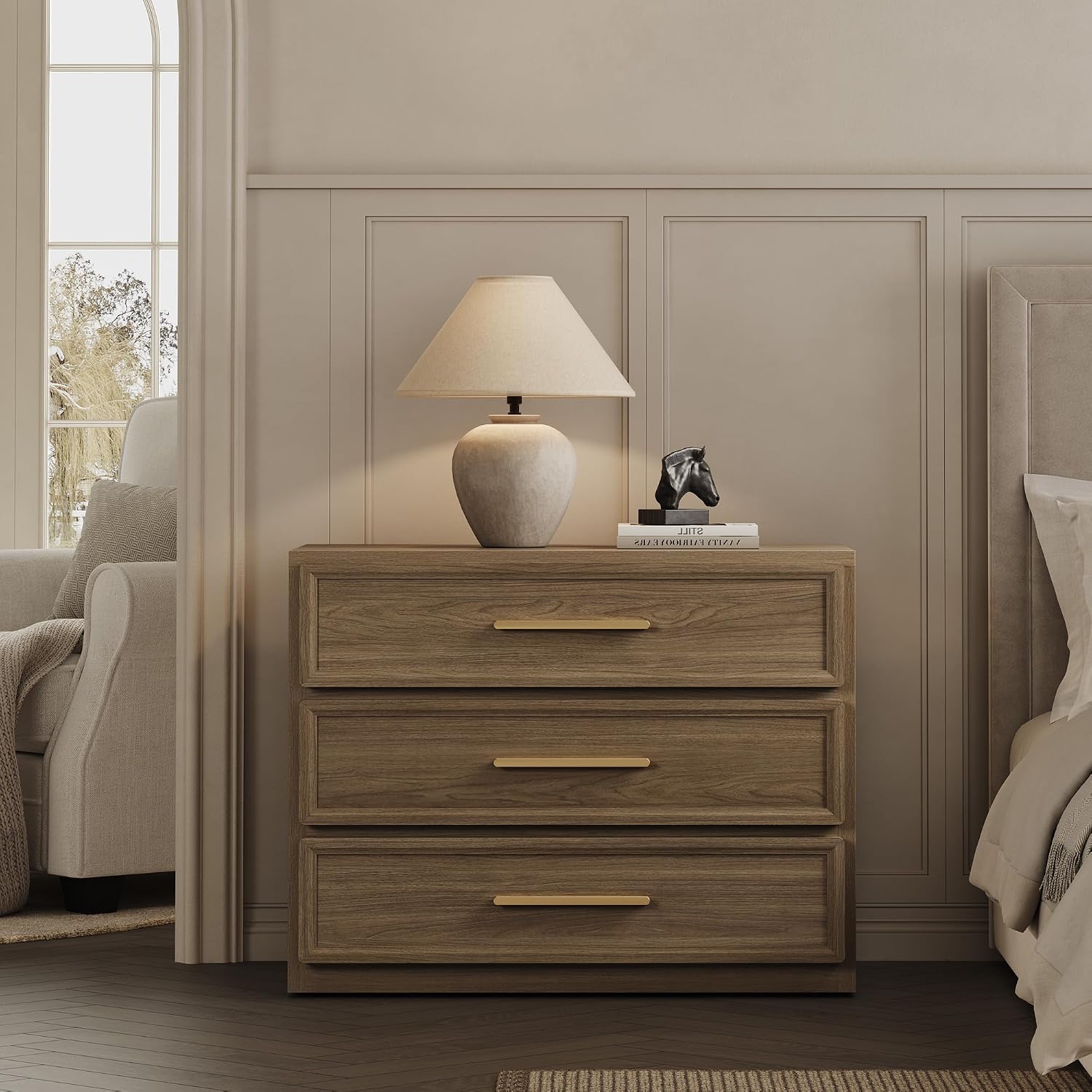 SICOTAS Night Stand Oversized Extra Large Nightstand Tall Bedside Side Table with 3 Drawers with Storage Modern End Table with Golden Handles Night Stands for Bedroom Sofa Couch Office