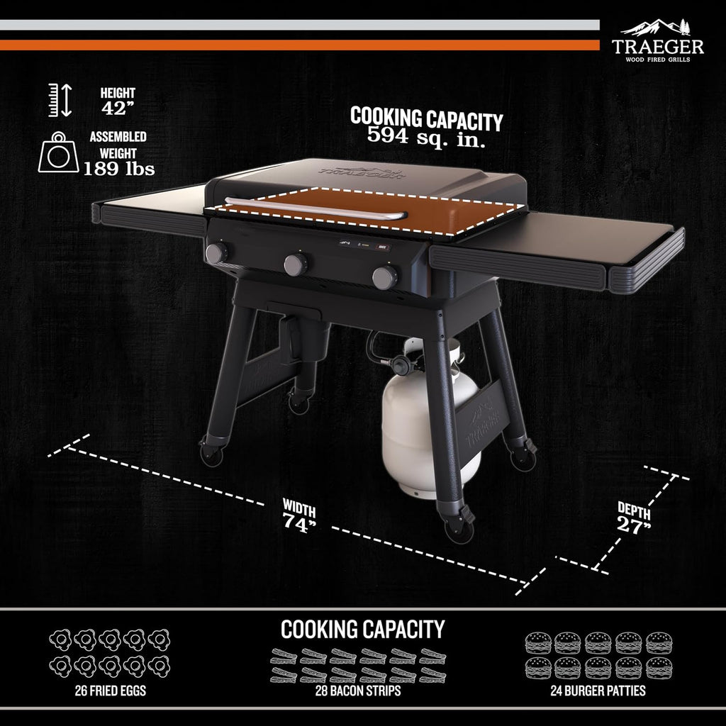 Traeger Grills Flatrock, 33 Inch Flat Top Griddle, Outdoor Gas Grill with 3-Zone TruZone Cooking, Even Heat, Fuel Sensor, and EZ-Clean Grease Management, Premium Propane Griddle for Outdoor Cooking