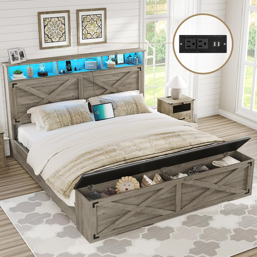 DICTAC Farmhouse Queen Bed Frame with Storage Headboard and Charging Station Wood Platform Bed Frame Queen Size with Storage Ottoman and Led Lights,Metal Slats Support,No Box Spring Required,Oak Gray