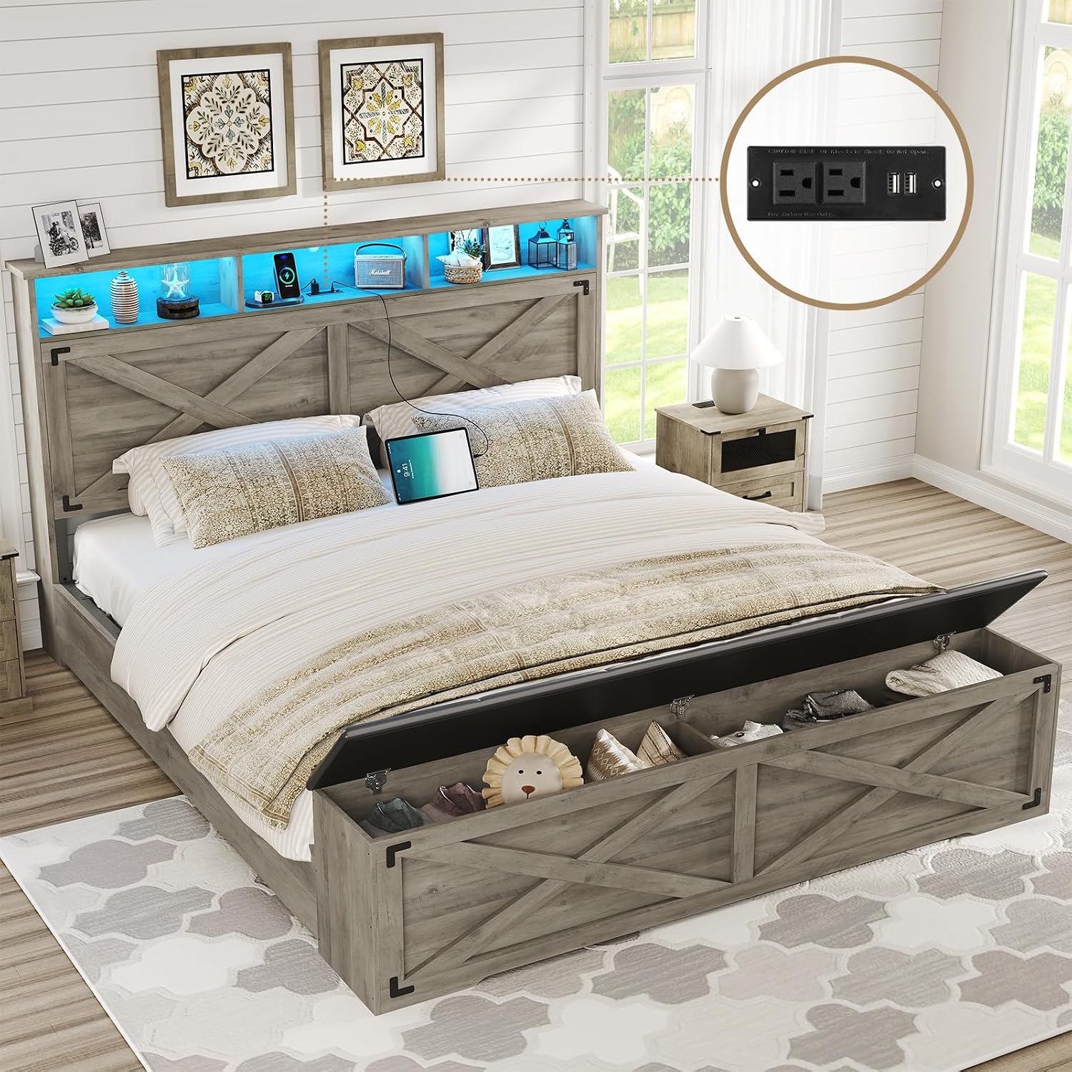 DICTAC Farmhouse Queen Bed Frame with Storage Headboard and Charging Station Wood Platform Bed Frame Queen Size with Storage Ottoman and Led Lights,Metal Slats Support,No Box Spring Required,Oak Gray