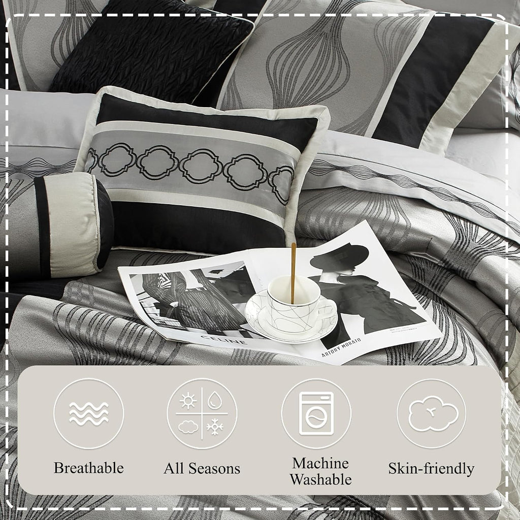Stratford Park Elegant Black and Silver Comforter Set King Size, 7 Pieces Bedding & Collection, Jacquard All Season Comforter & Pillows, Ultra-Soft Microfiber