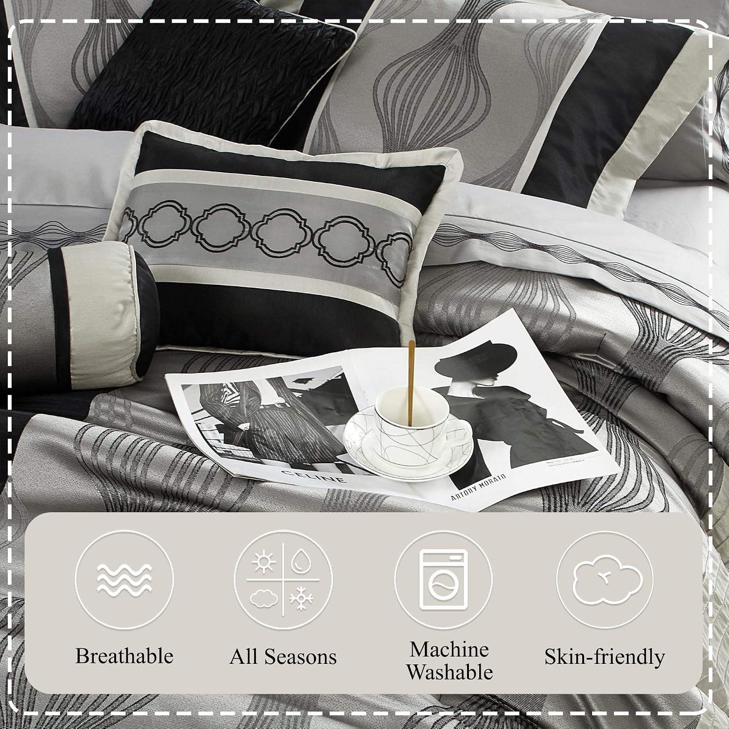 Stratford Park Elegant Black and Silver Comforter Set King Size, 7 Pieces Bedding & Collection, Jacquard All Season Comforter & Pillows, Ultra-Soft Microfiber