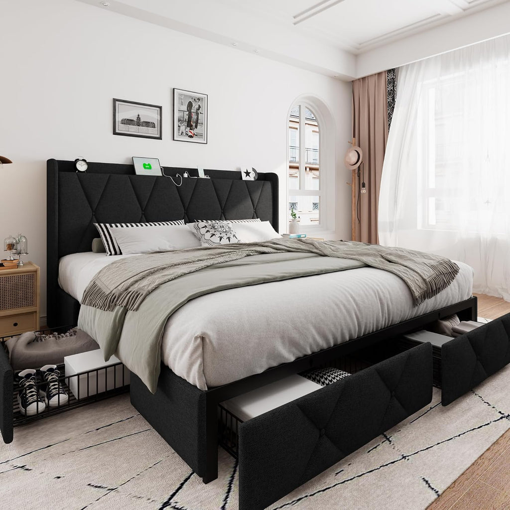iPormis King Size Bed Frame with 4 Storage Drawers, Upholstered Platform Bed Frame with Charging Station, Modern Wingback Storage Headboard, Easy Assembly, Black