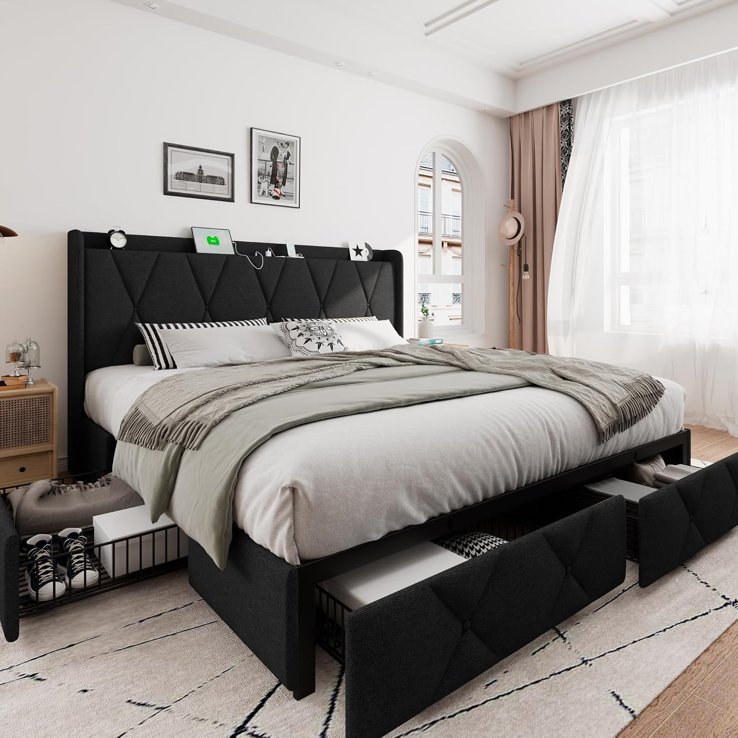 iPormis King Size Bed Frame with 4 Storage Drawers, Upholstered Platform Bed Frame with Charging Station, Modern Wingback Storage Headboard, Easy Assembly, Black