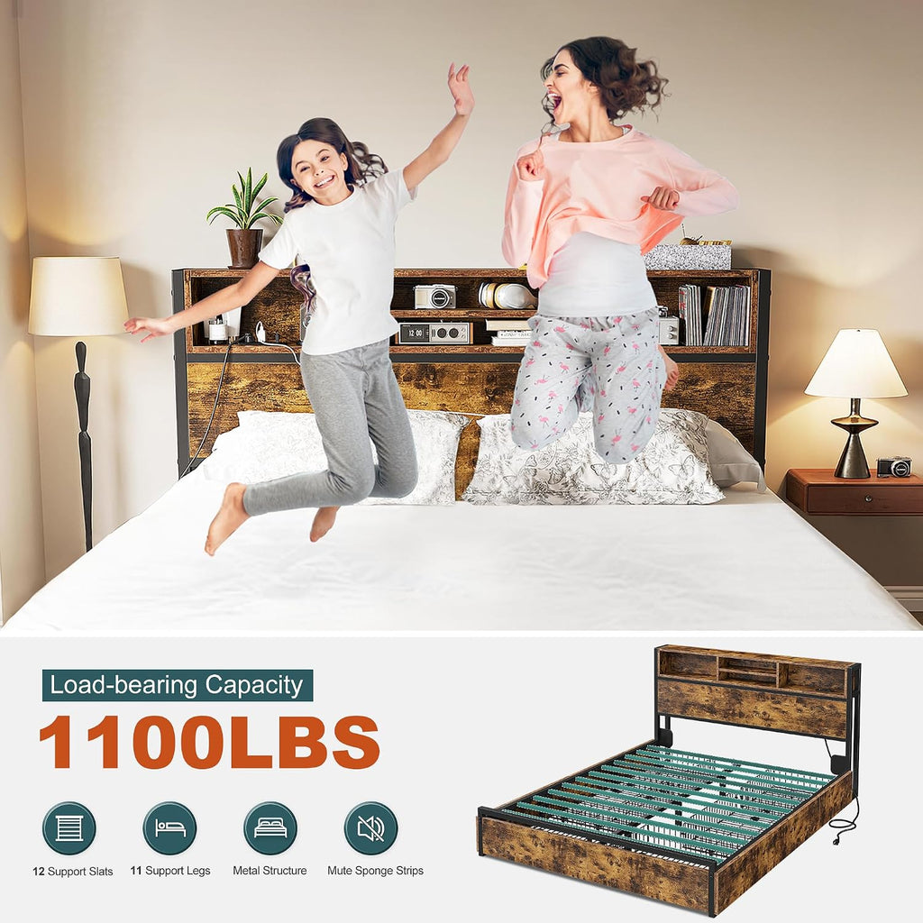 EnHomee Queen Bed Frame with 6 Storage Drawers, Headboard & Charging Station, Noise-Free Metal Platform Bed, No Box Spring Needed,Vintage Brown