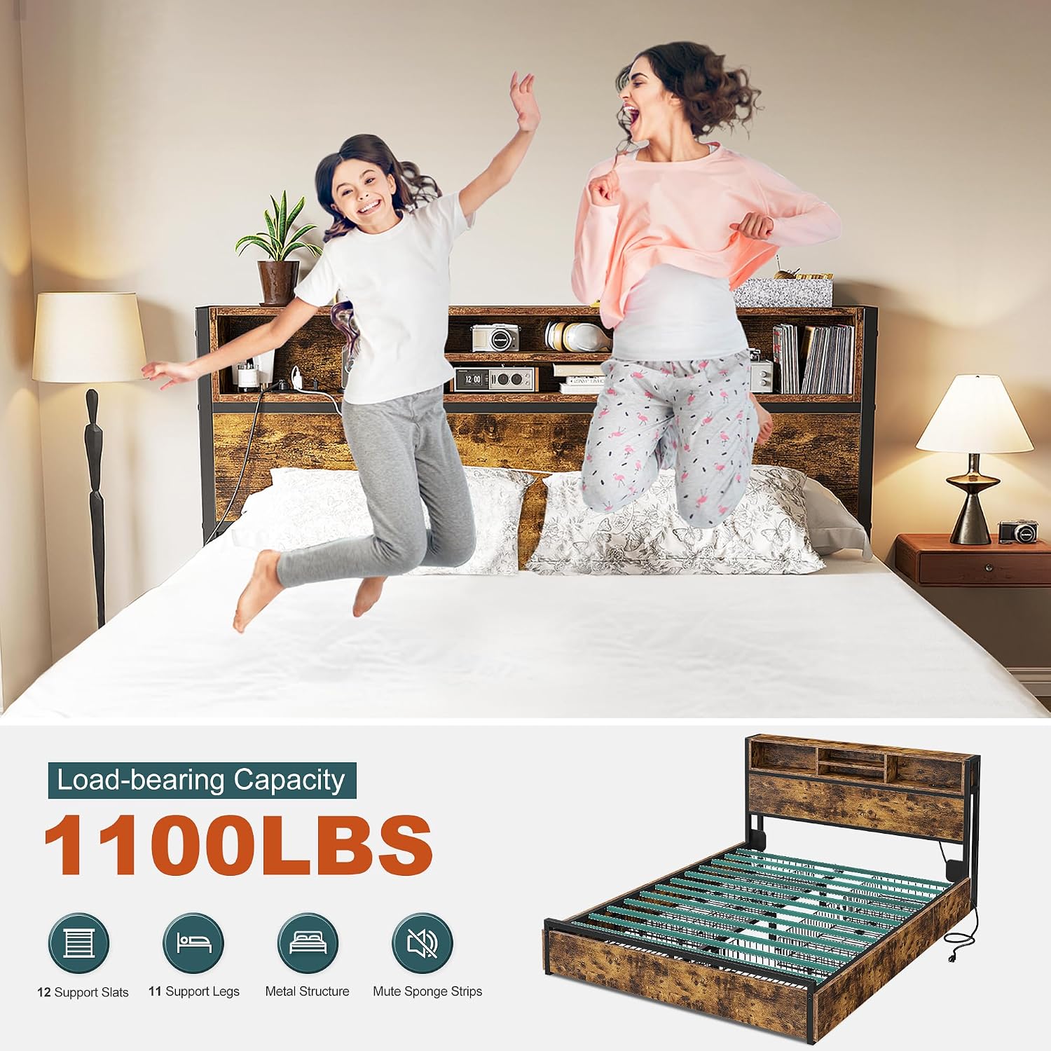 EnHomee Queen Bed Frame with 6 Storage Drawers, Headboard & Charging Station, Noise-Free Metal Platform Bed, No Box Spring Needed,Vintage Brown