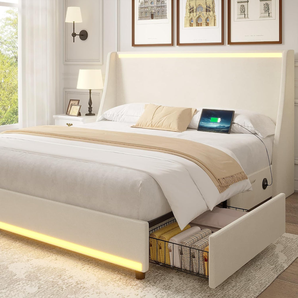 VECELO Queen Size Bed Frame with Storage Drawers, Upholstered Platform Bedframe with Wingback Headboard, No Box Spring Needed, Beige