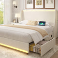 VECELO Queen Size Bed Frame with Storage Drawers, Upholstered Platform Bedframe with Wingback Headboard, No Box Spring Needed, Beige