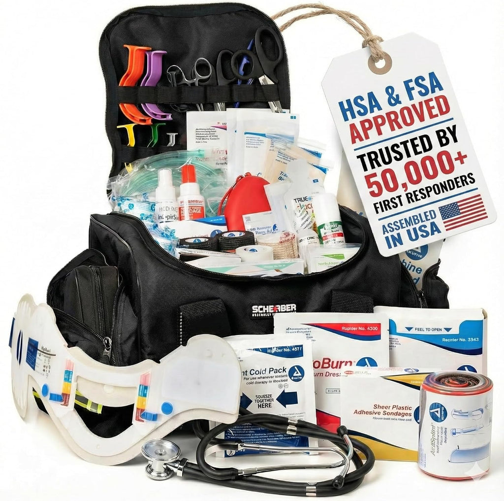 Scherber First Responder Fully-Stocked Large Professional Essentials EMT/EMS Trauma Kit | HSA/FSA Approved | Reflective Bag w/8 Zippered Pockets & Compartments & 250+ First Aid Supplies (Black)