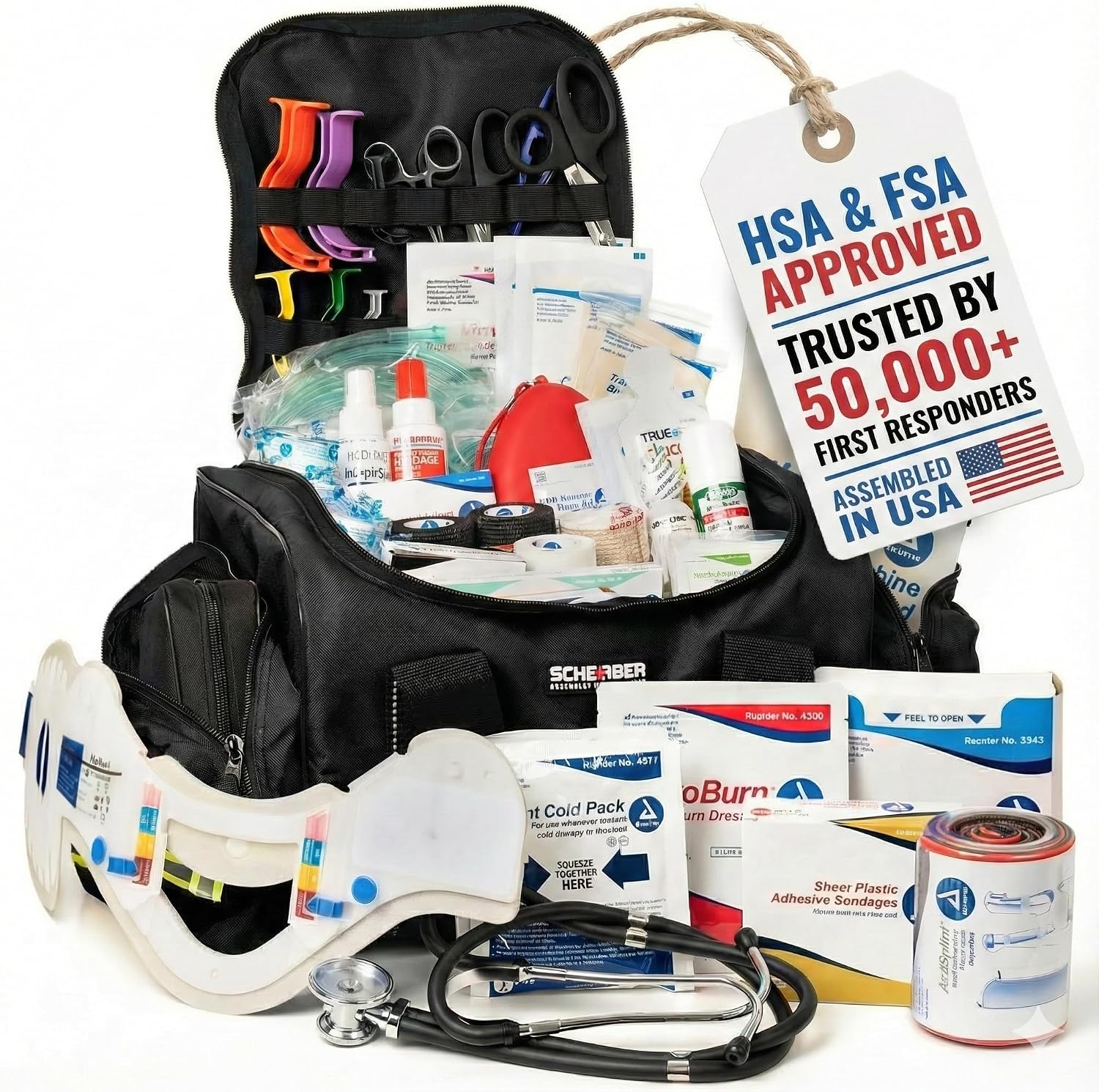 Scherber First Responder Fully-Stocked Large Professional Essentials EMT/EMS Trauma Kit | HSA/FSA Approved | Reflective Bag w/8 Zippered Pockets & Compartments & 250+ First Aid Supplies (Black)