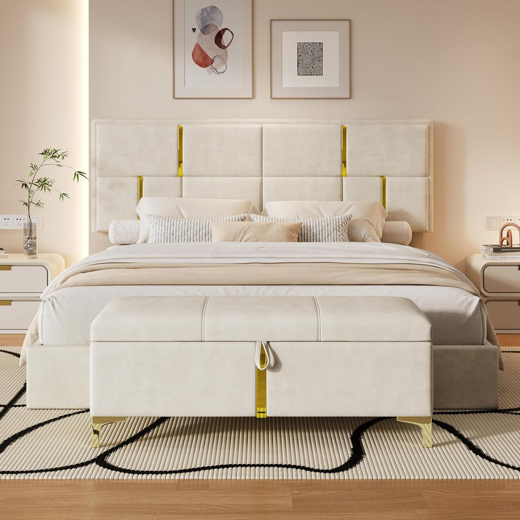 JIJIWANG 2-Piece Bedroom Sets, Queen Size PU Upholstered Platform Bed with Hydraulic Storage Ottoman, Wood Platform Bed Frame with Metal Legs, Storage Ottoman for Kids Teens Adults Bedroom, Beige