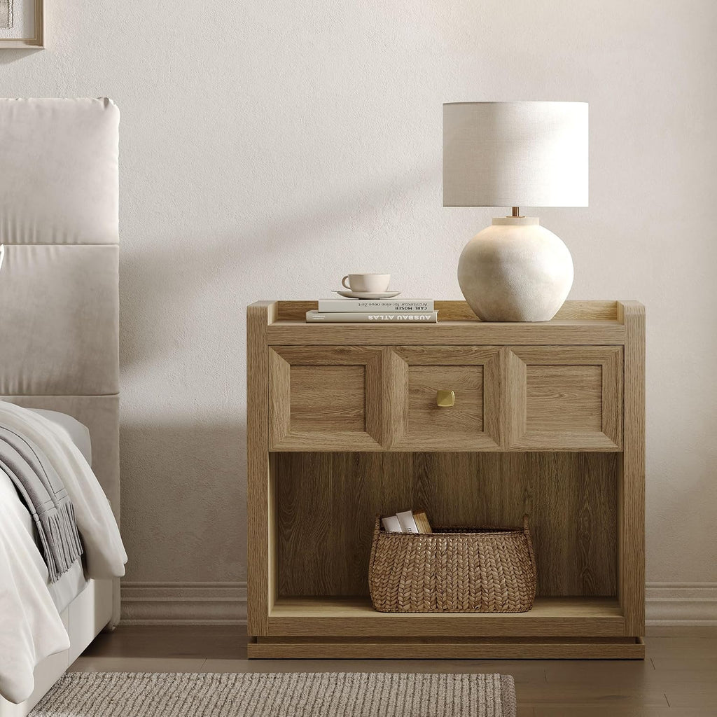 SICOTAS Night Stand Set 2, 26' Wide Nightstands with Drawer, Large Queen Size Nightstands Set of 2, Modern Bedside Table for Bedroom, Side End Table (Brown Oak, 26-Inch)