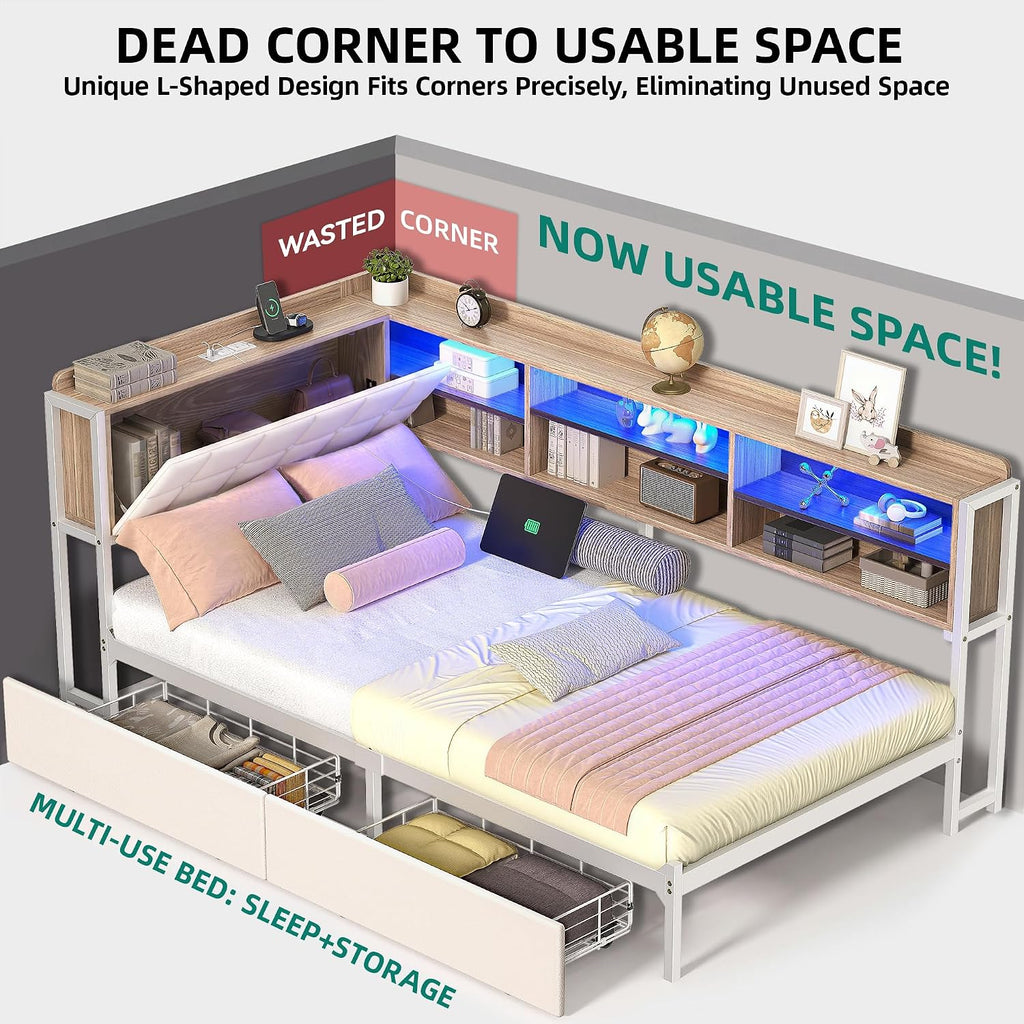 Twin Corner Bed Frame with Storage Drawers and Bookcase & Flip-up Storage Headboard, Twin Size Platform Corner Bed Frame with Charging Station and LED Lights, Twin Daybed for Dorm or Guests, Beige