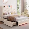 HIFIT Full LED Bed Frame with Charging Station and 2 Storage Drawers, Velvet Upholstered Platform Bed with Handcrafted Crystal Button Wingback Headboard, Metal Frame with No Box Spring Needed, Beige