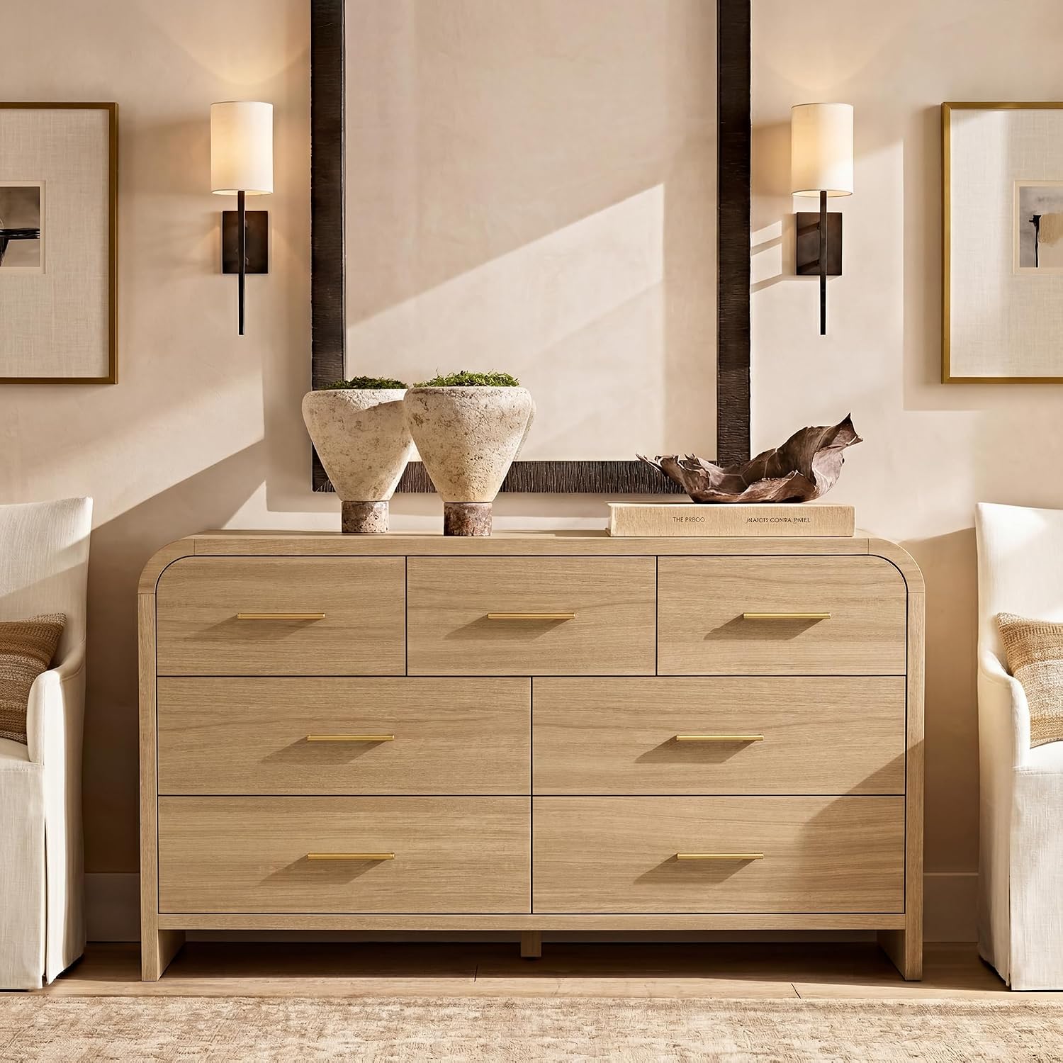 Curved 7-Drawer Dresser for Bedroom, 53.82' Wide Modern Chest of Drawers, Vanity Desk TV Stand for Living Room, Closet Storage Drawers Organizer Furniture, Nursery, Hallway, Oak