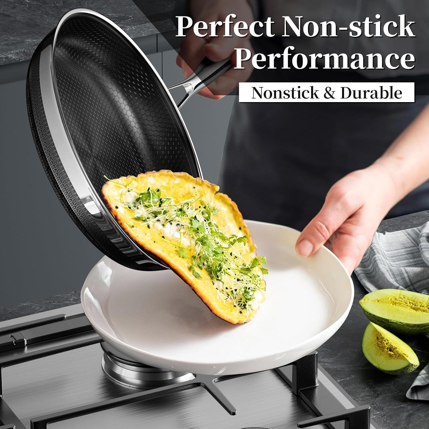 Innerwell Nonstick Frying Pan Set,8 Inch&9.5 Inch&11 Inch Tri-Ply Hybrid Stainless Steel Ceramic Frying Pans Kitchen Cooking Pan Skillet 3 Piece PFAS/PFOA/PTFE Free,Dishwasher & Oven Safe
