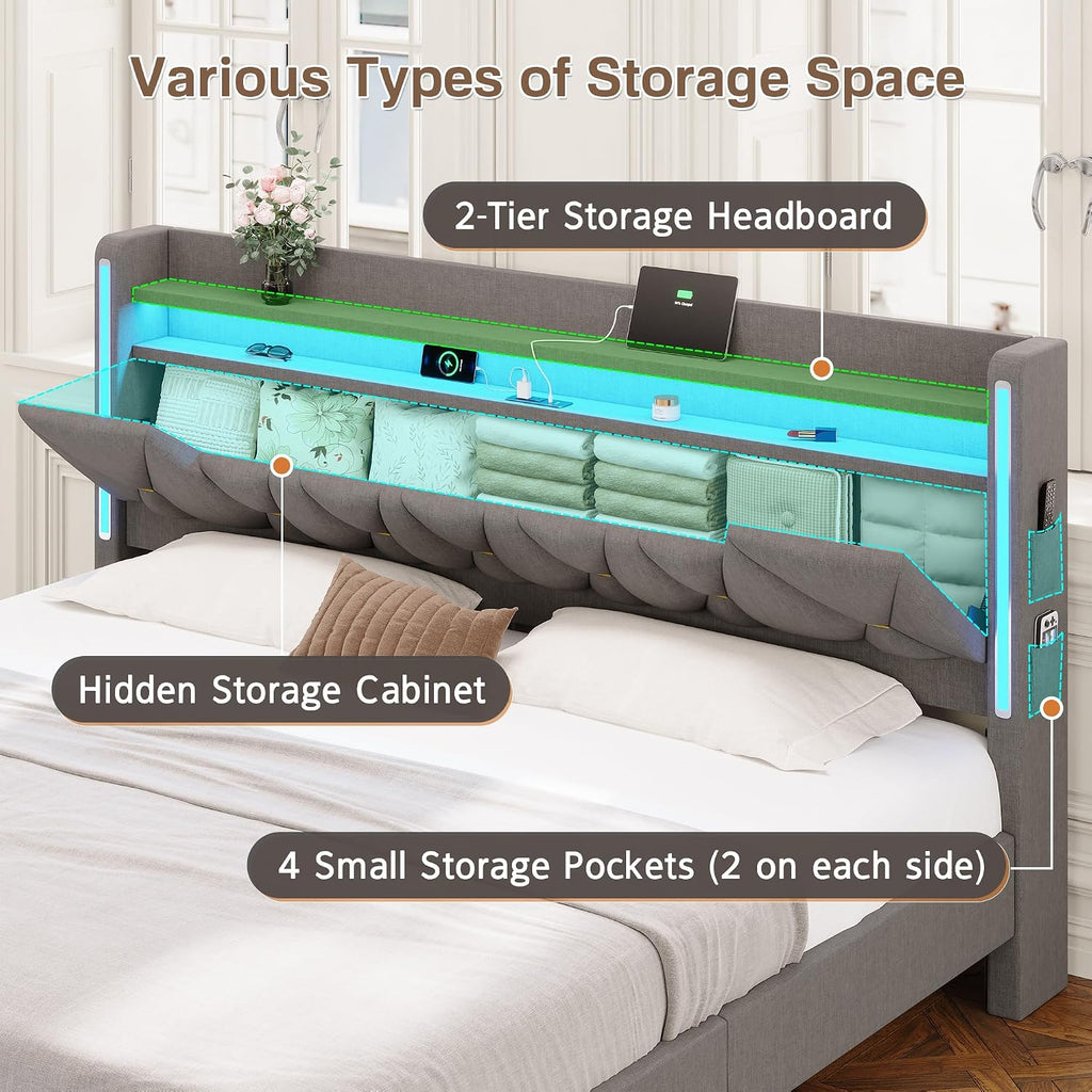busyaeh King Size Bed Frame with Marshmallow Headboard and Storage, King Bed Frame with LED Lights & Charging Station, Upholstered Platform Bed with Metal Support, No Noise, No Box Spring Needed,Gray