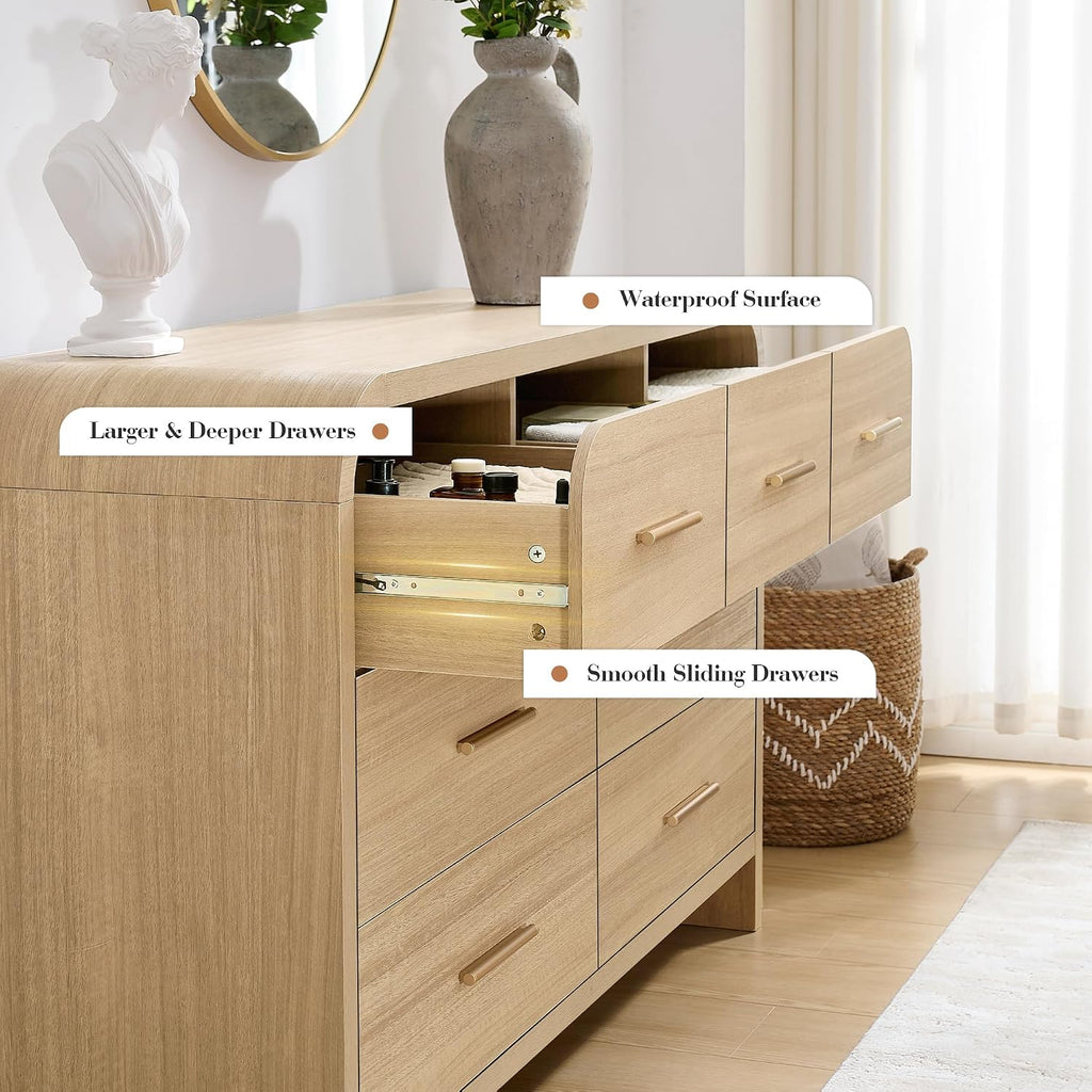 Curved 7-Drawer Dresser for Bedroom, 53.82' Wide Modern Chest of Drawers, Vanity Desk TV Stand for Living Room, Closet Storage Drawers Organizer Furniture, Nursery, Hallway, Oak