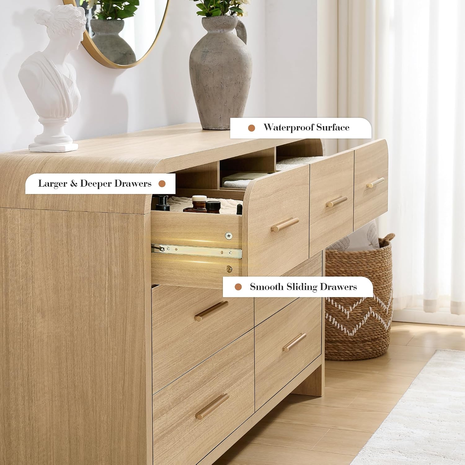 Curved 7-Drawer Dresser for Bedroom, 53.82' Wide Modern Chest of Drawers, Vanity Desk TV Stand for Living Room, Closet Storage Drawers Organizer Furniture, Nursery, Hallway, Oak