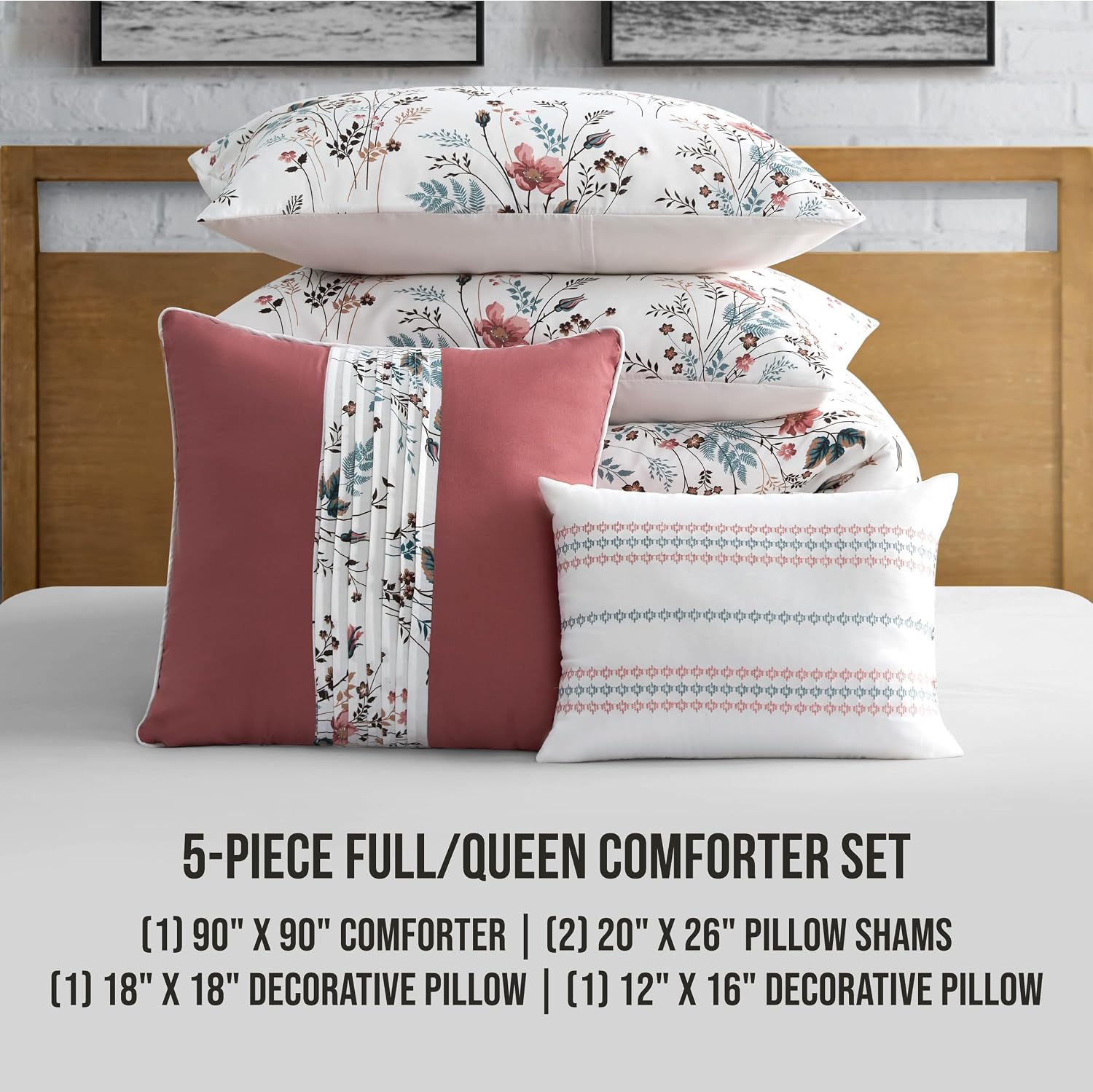 Lucky Brand Wildflower Beige Comforter Set with Pillows - Full/Queen Size - 5 Piece Luxurious Bedding Ensemble