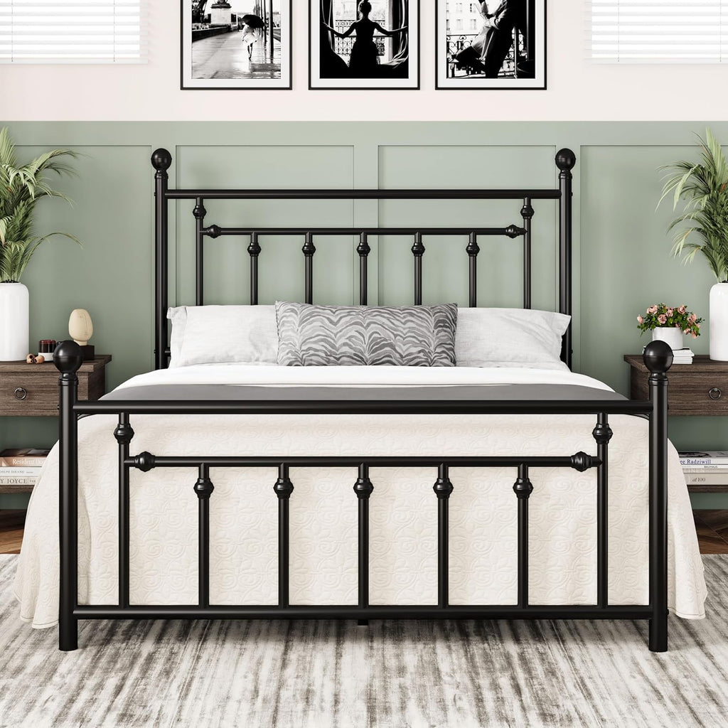 Allewie 14 Inch Full Size Metal Platform Bed Frame with Victorian Vintage Headboard and Footboard/Mattress Foundation/Under Bed Storage/No Box Spring Needed/Easy Assembly/Noise Free/Black