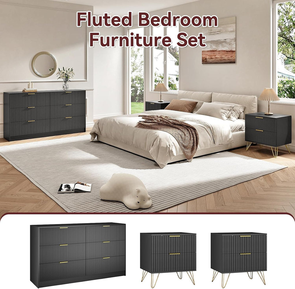 6 Drawer Dresser and Nightstand Sets for Bedroom, 3 Pcs Bedroom Set, Night Stand Set of 2 & 6 Drawer Dresser with Gold Handles, Modern Wood Chest of Drawers Storage Cabinet Set, Black