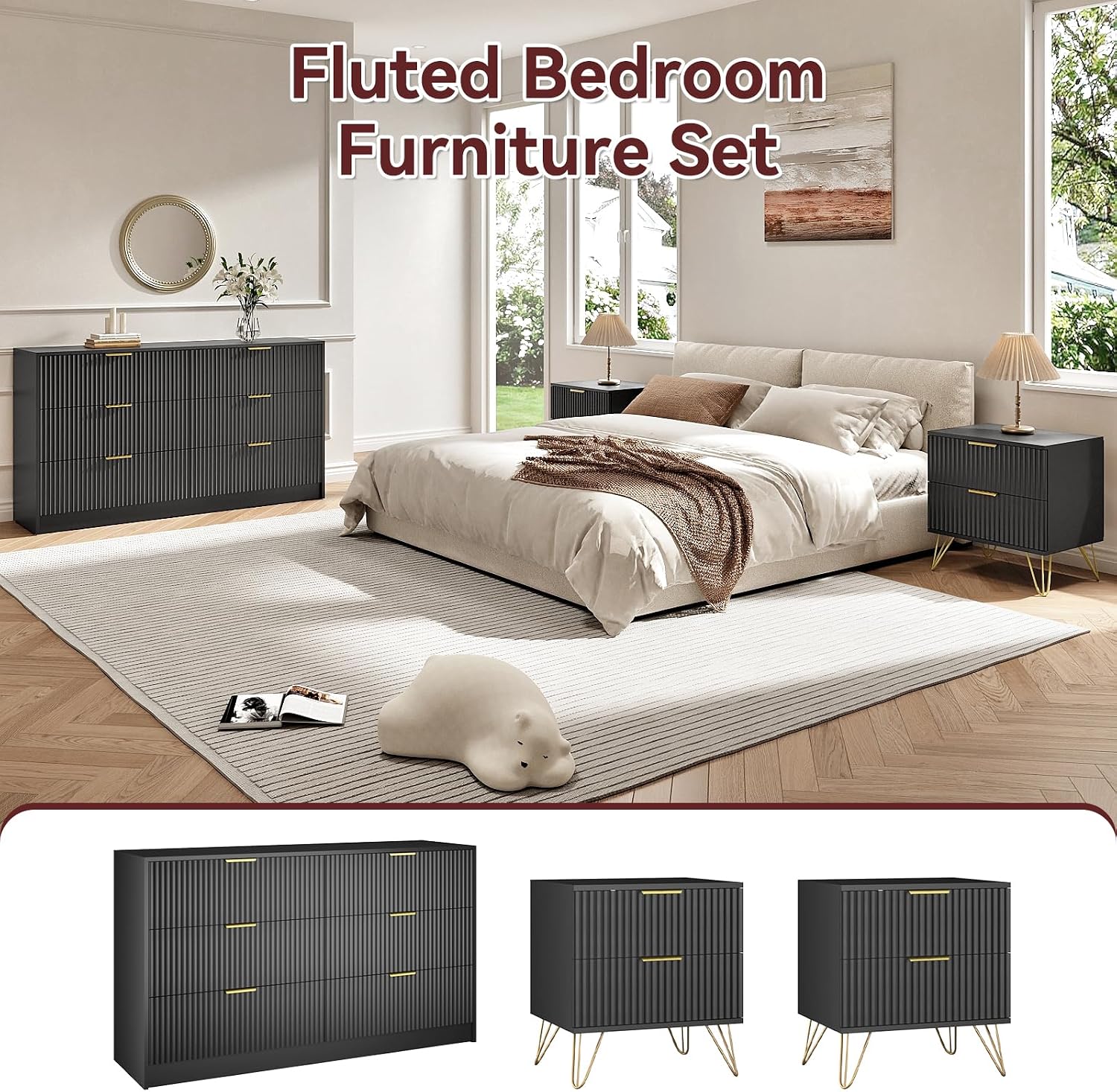 6 Drawer Dresser and Nightstand Sets for Bedroom, 3 Pcs Bedroom Set, Night Stand Set of 2 & 6 Drawer Dresser with Gold Handles, Modern Wood Chest of Drawers Storage Cabinet Set, Black